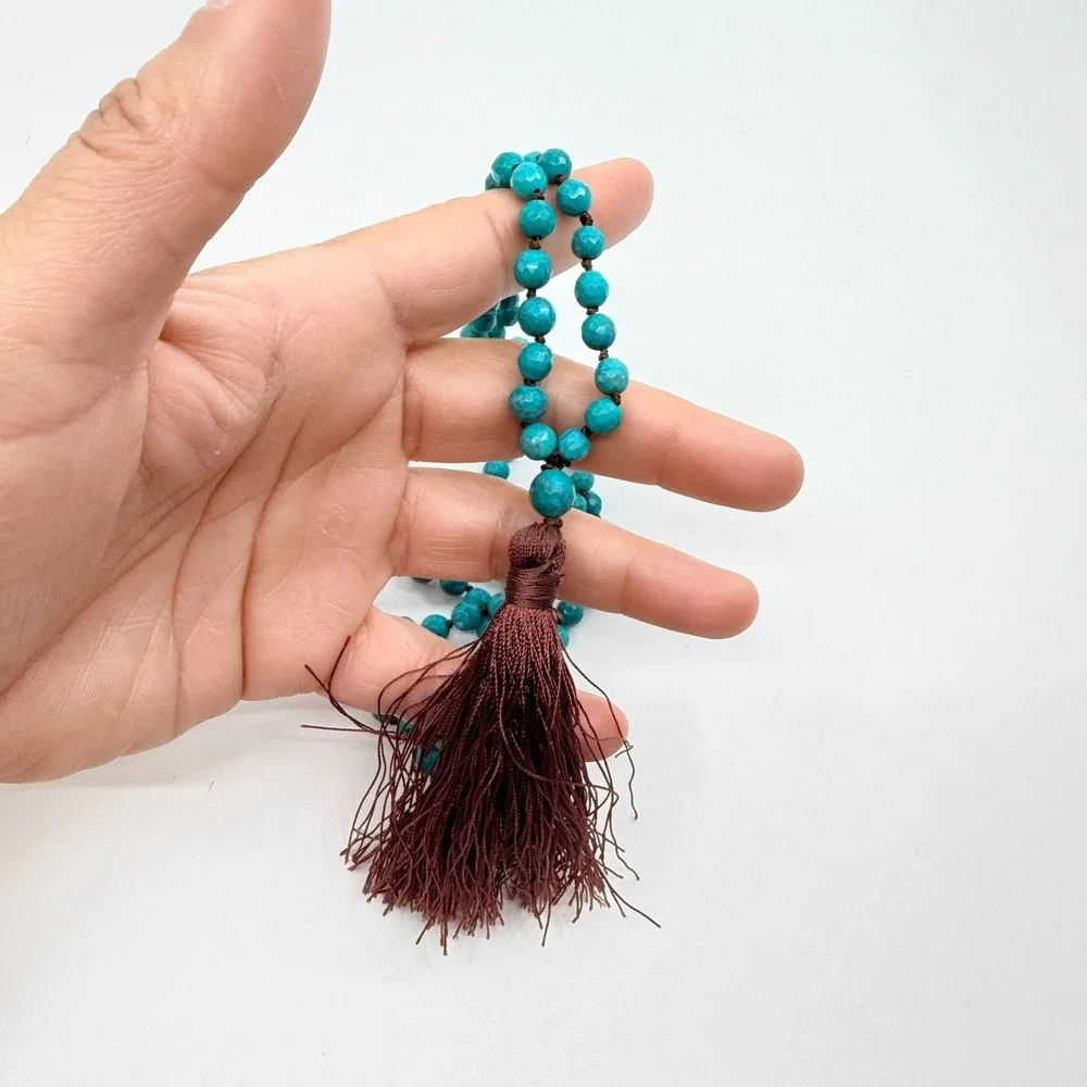 Necklace Vintage Bright Blue Stone‎ Knotted Mala Brown Tassel Boho Statement 90s